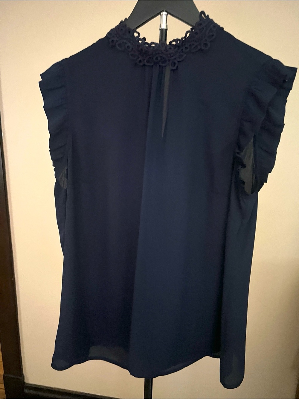 Daniel Rainn Navy Lace-Trim Ruffle Sleeve Camisole